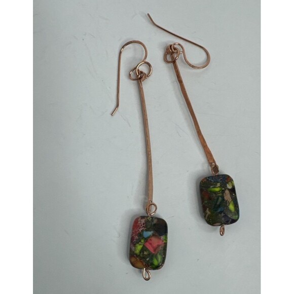 Artisan Crafted Hammered Copper And Sea Sediment Jasper Dangle Earrings Boho - Picture 4 of 6